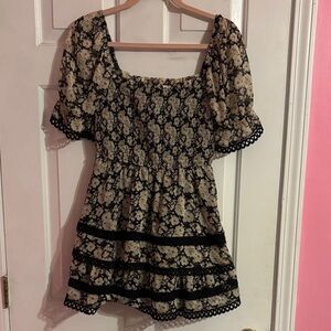 Altar'd State Black and Cream Floral Puff Sleeve Blouse